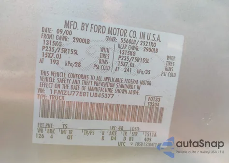 2001 Ford Explorer Sport Trac z USA, uszkodzony, nr VIN 1FMZU77E81UB45377